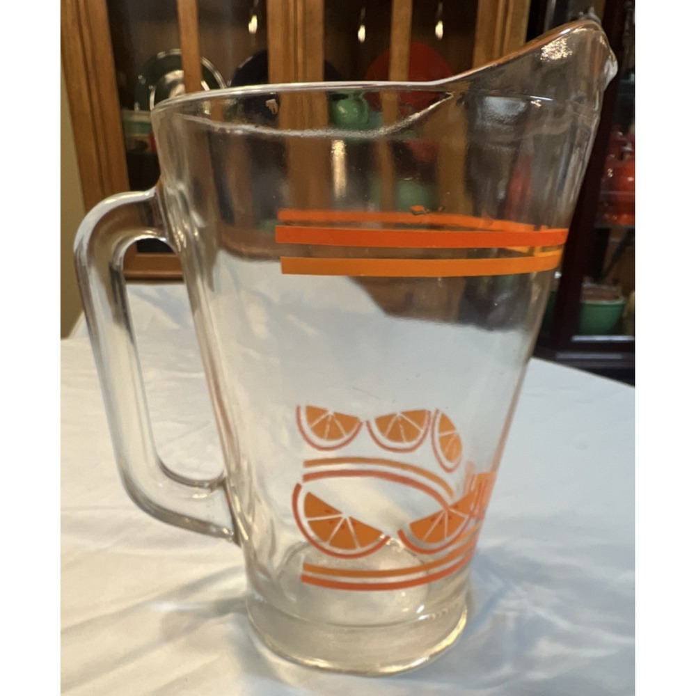 Vintage Clear Glass Pitcher Orange Citrus Slice Stripes Retro Juice Carafe‎ 8in - Picture 2 of 9